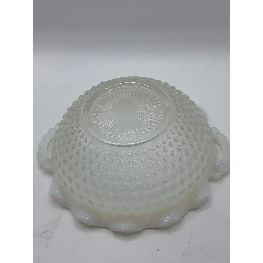 White Opalescent Hobnail Ruffled Double Handled Candy Dish Nappy Bowl